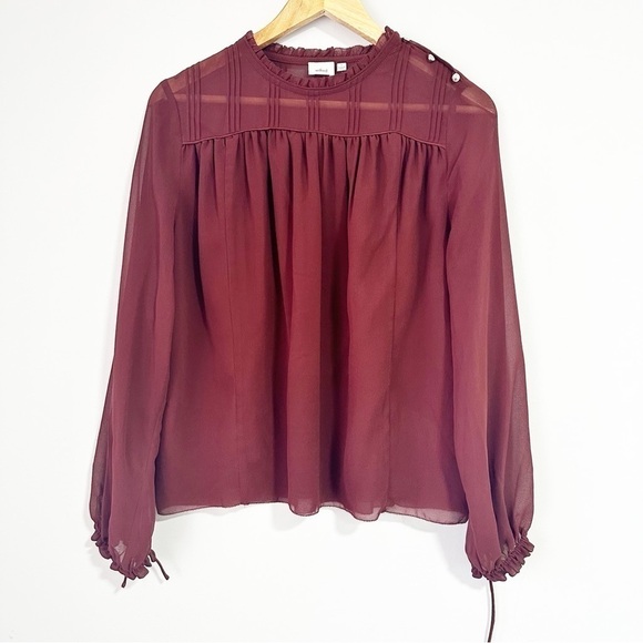 Aritzia Wilfred Deep Burgundy Lourdes Ruffled Crew Neck Blouse Size S - Picture 3 of 13